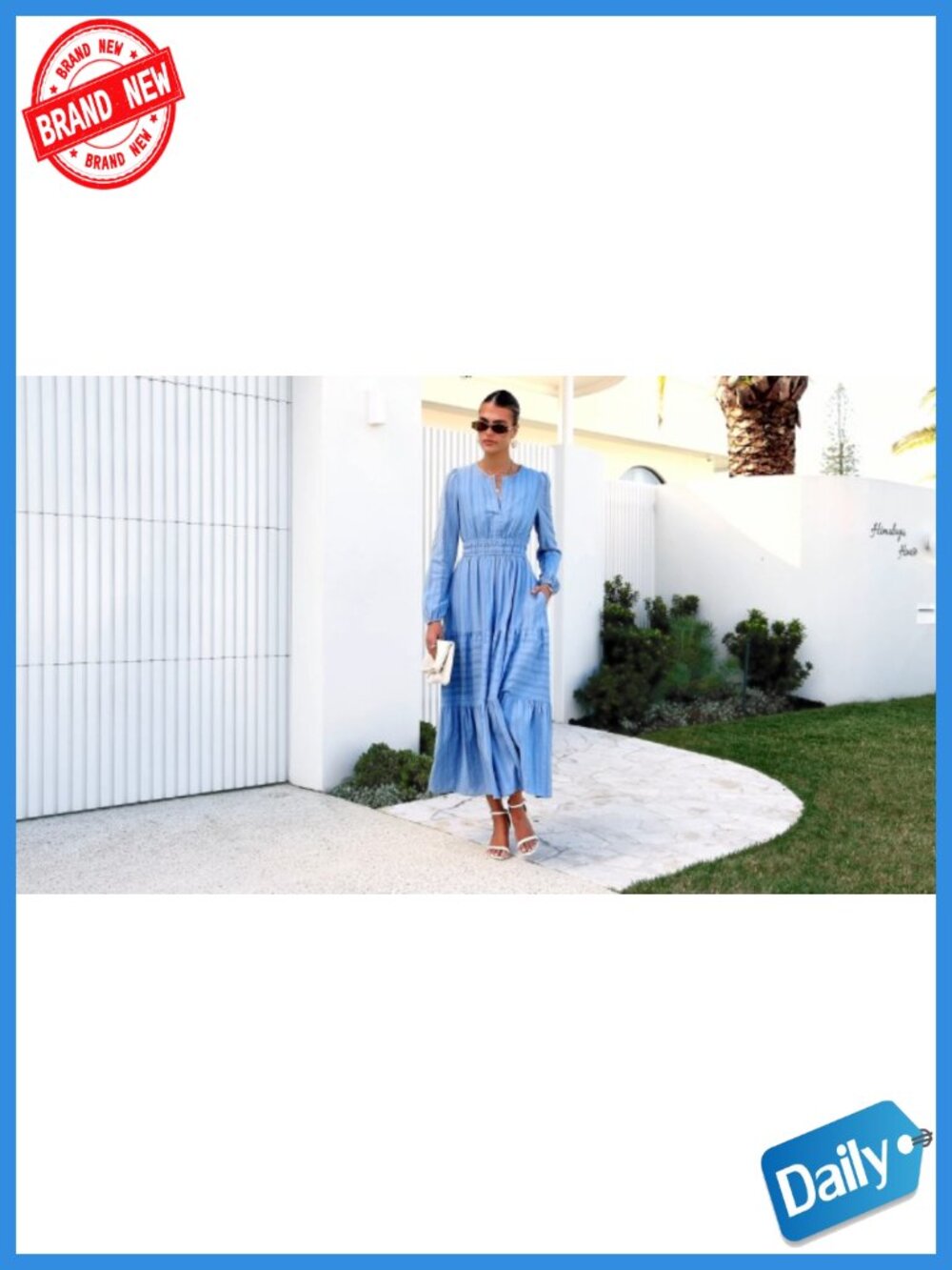 Long Sleeve V Neck Maxi Dress with Pockets Elastic Waist Tiered Ruffle A-Line - Picture 6 of 6